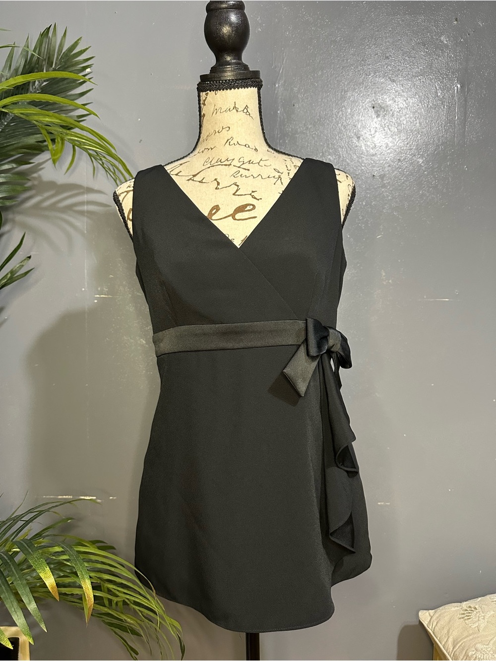 Talbots Black V-Neck Wrap-Style Tank Top with Side Satin Bow